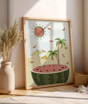 Summer Paradise with Watermelon Sun and Palms in Surreal Landscape