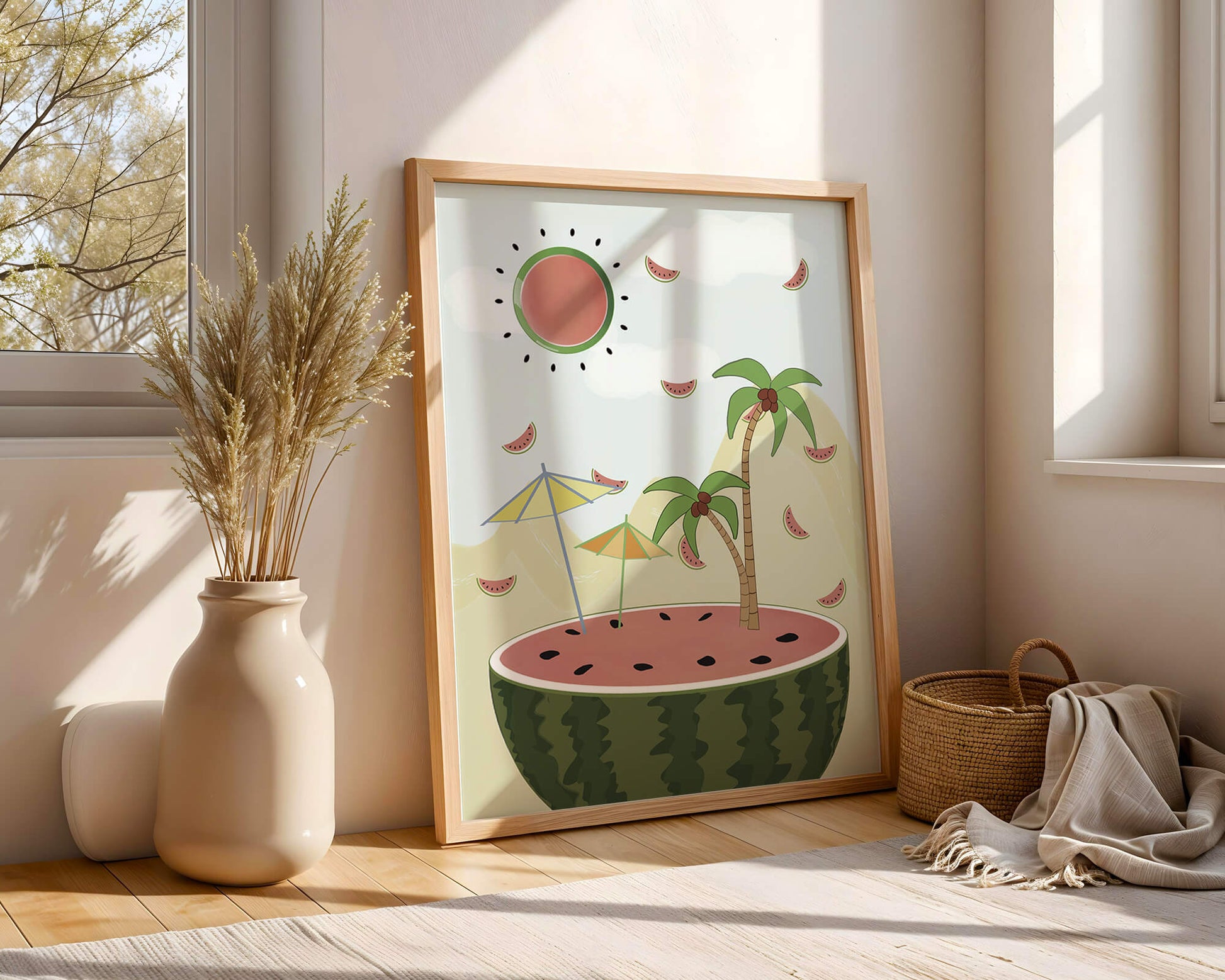 Summer Paradise with Watermelon Sun and Palms in Surreal Landscape