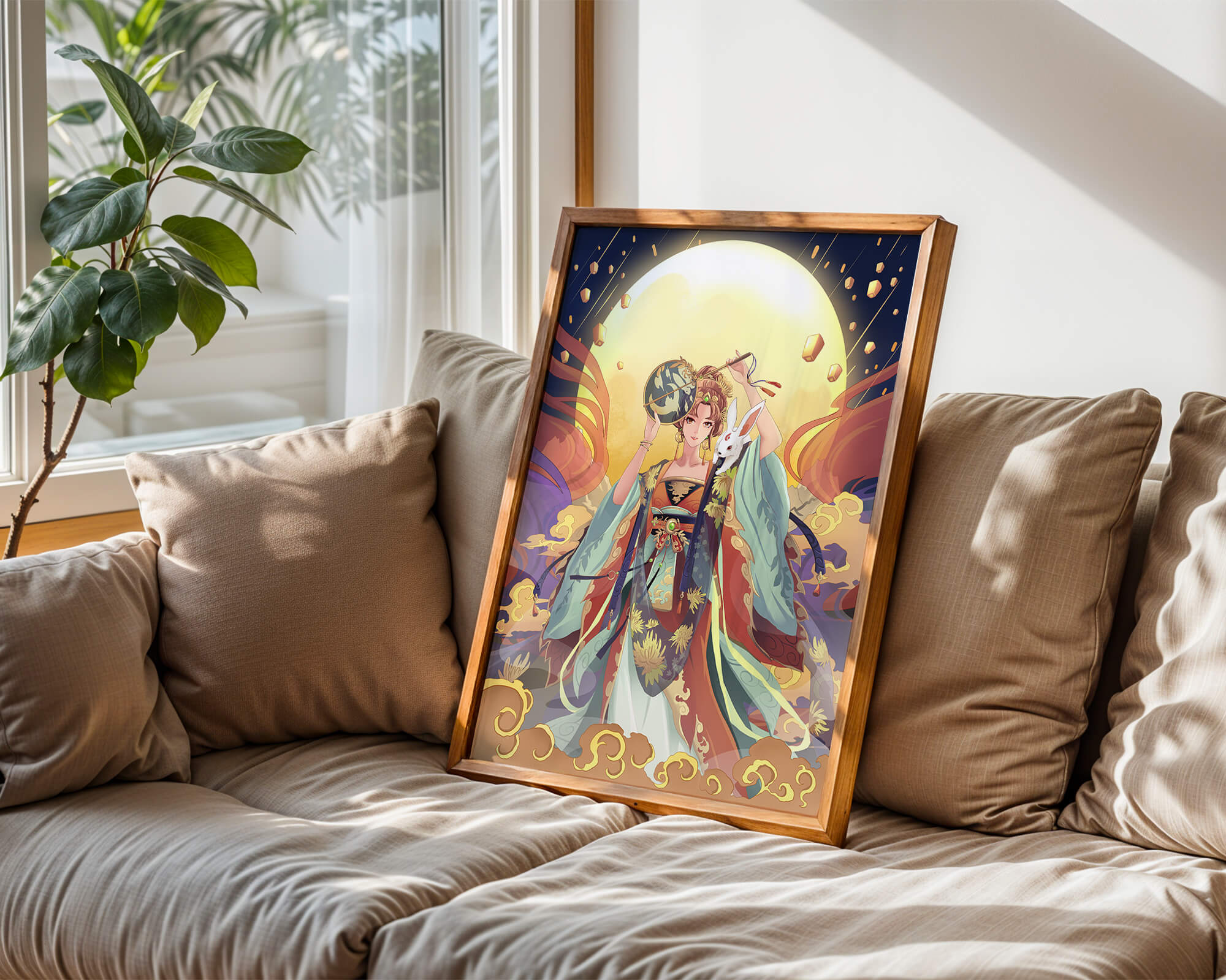 Elegant fantasy illustration with celestial elements and rabbit