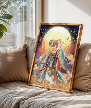 Elegant fantasy illustration with celestial elements and rabbit
