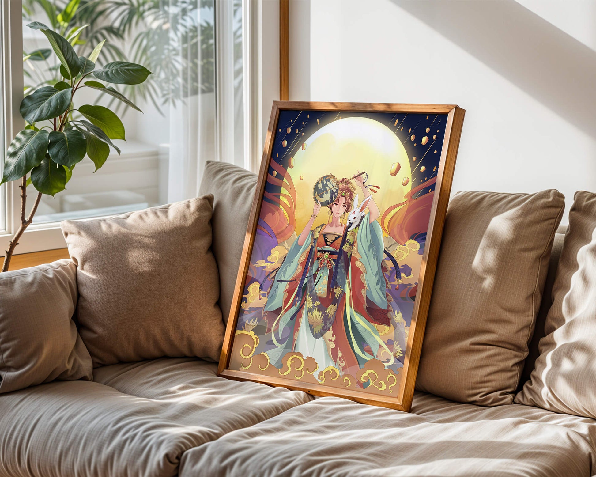 Elegant fantasy illustration with celestial elements and rabbit