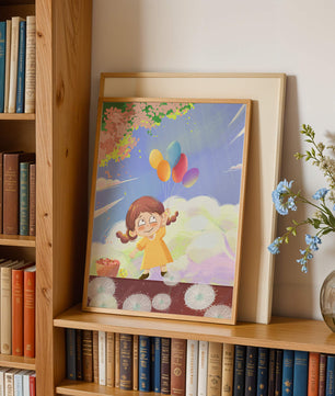 Whimsical illustration of a girl with balloons under vibrant pink blossoms