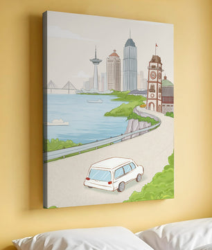 Scenic coastal cityscape with modern buildings and a classic clock tower