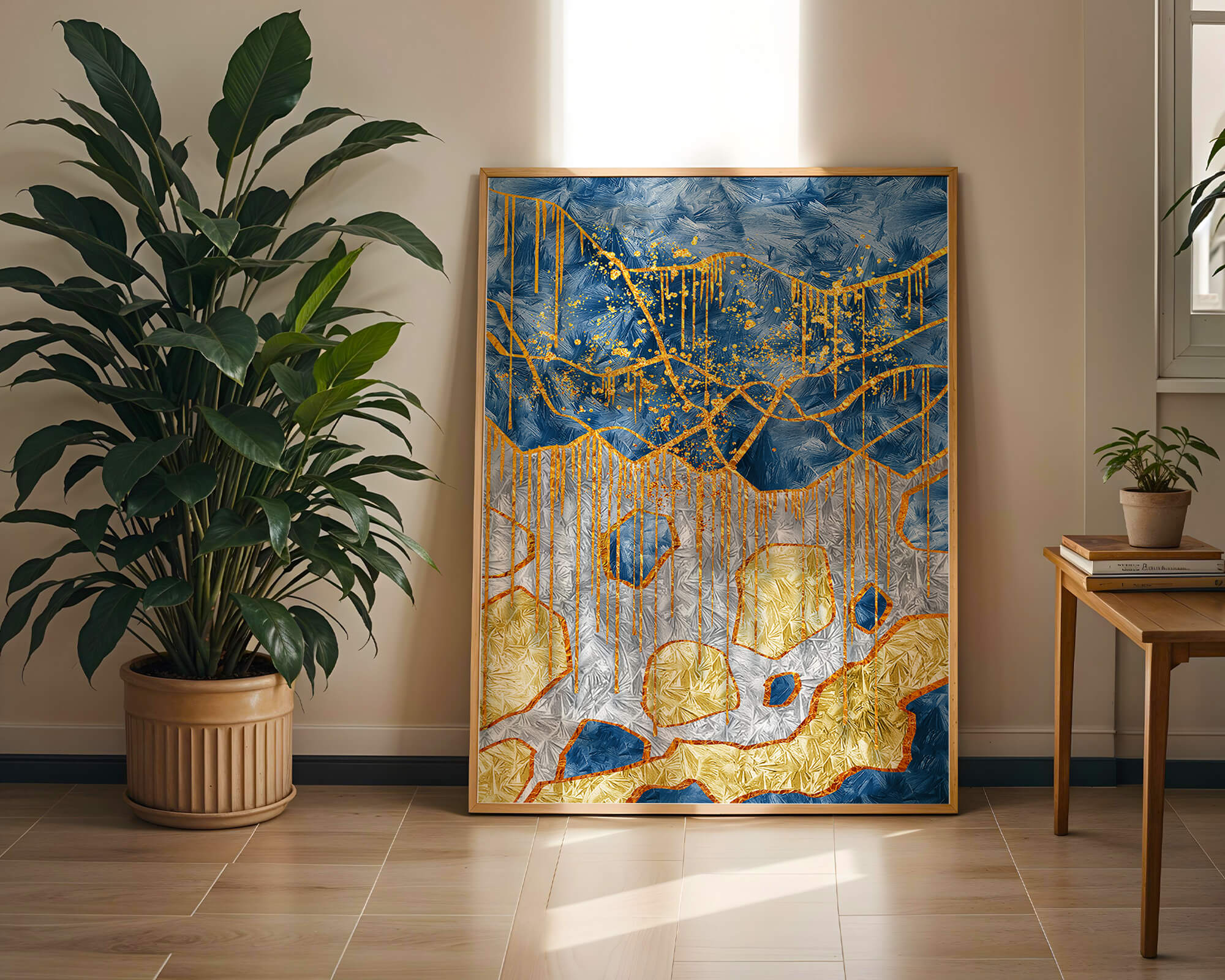 Abstract gold and blue textured art with dynamic splashes of color