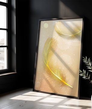 Elegant golden feathers with sparkling particles on soft background
