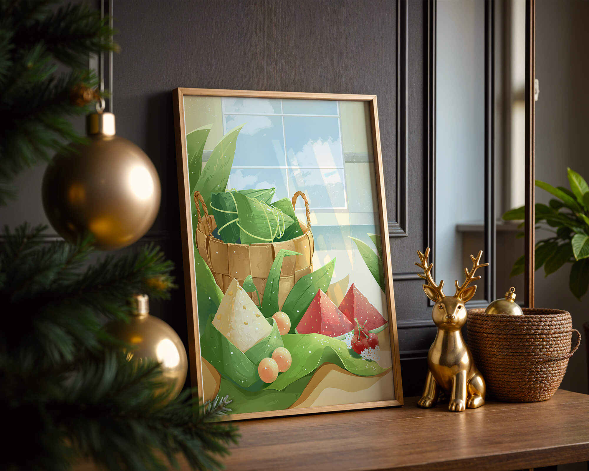 Serene kitchen scene with basket of fruits and leaves