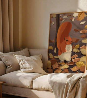 Illustration of a cute squirrel among autumn leaves