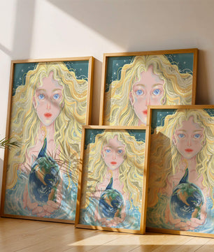 Fantasy artwork of woman holding earth with shimmering details