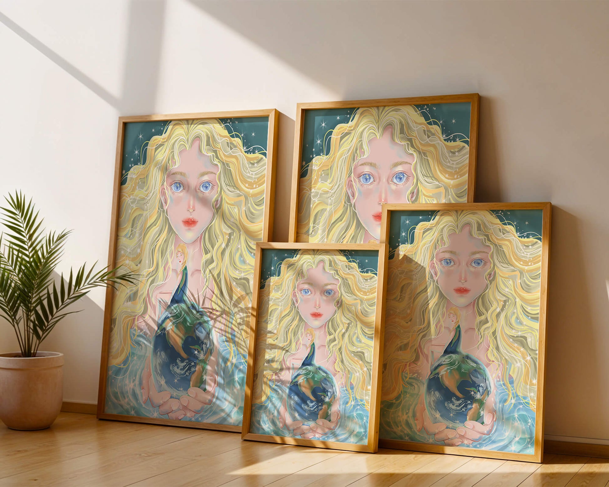Fantasy artwork of woman holding earth with shimmering details