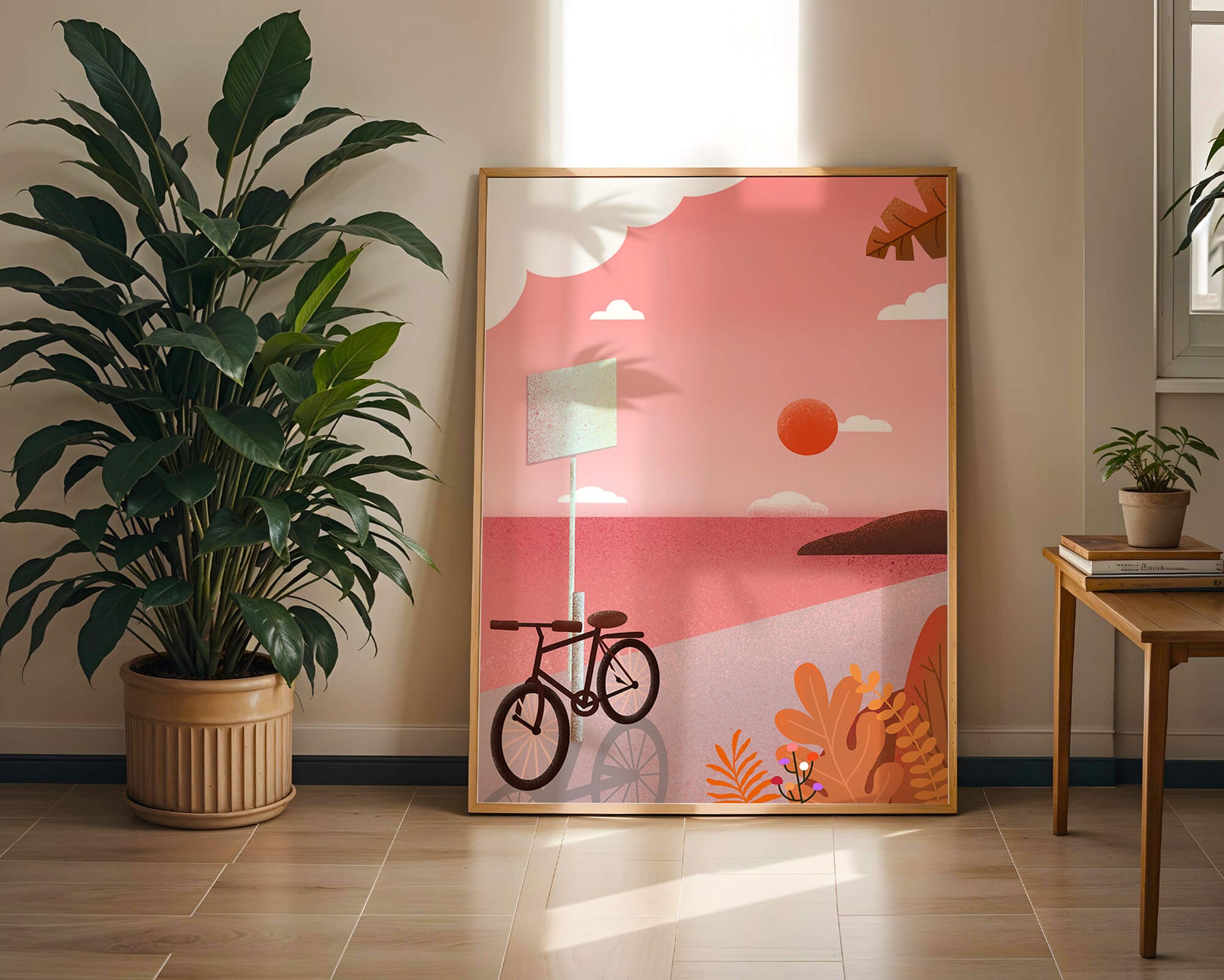 Serene sunset with bicycle by the sea in pastel colors
