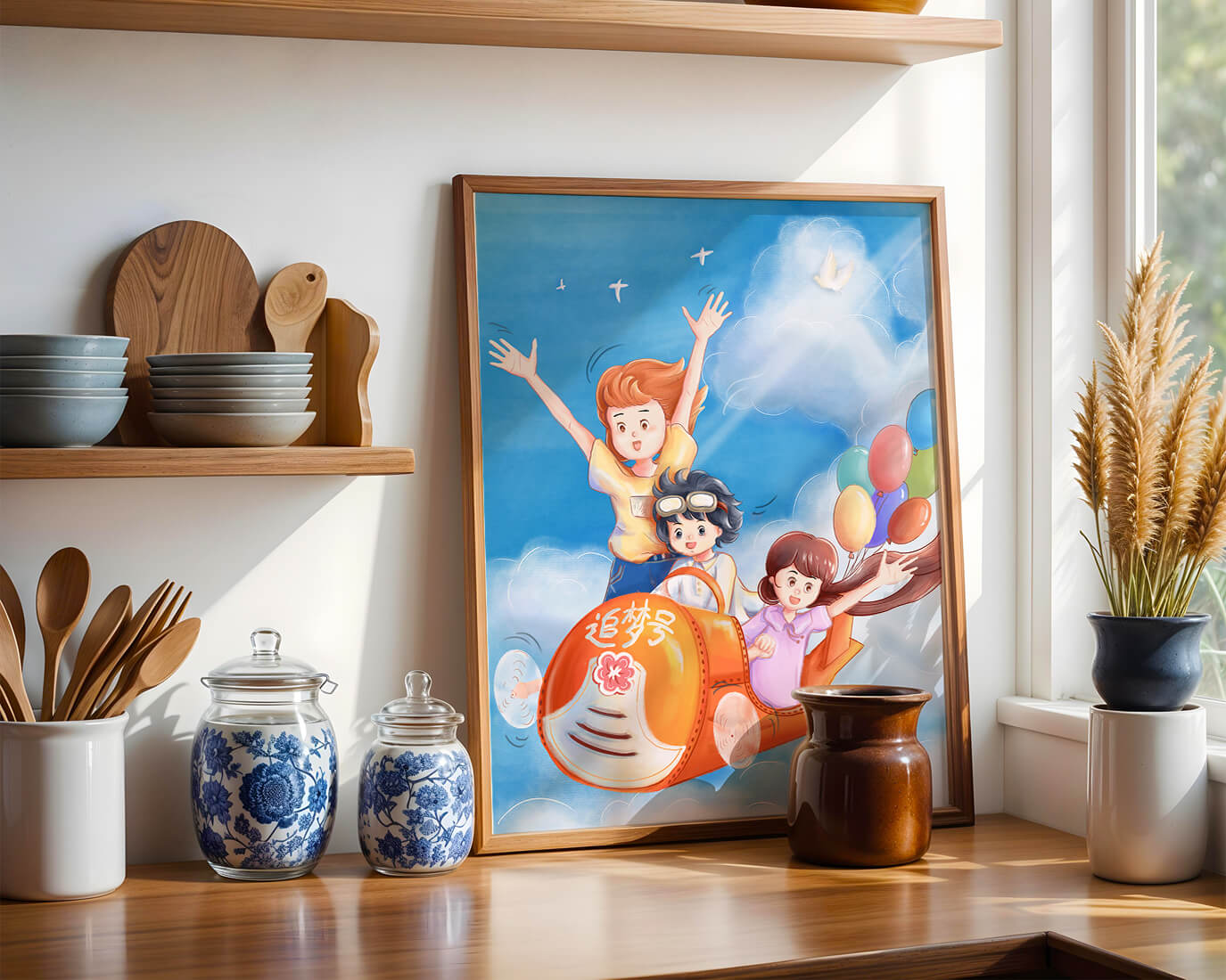 Children's adventure in sky with balloons and playful aircraft