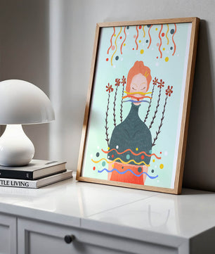 Whimsical Abstract Art of a Woman with Flowers and Streamers - Mi tienda
