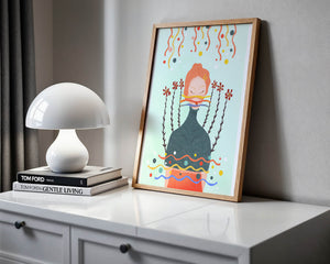 Whimsical Abstract Art of a Woman with Flowers and Streamers - Mi tienda
