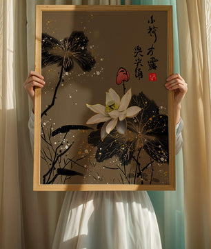 Elegant oriental floral art with gold accents and calligraphy