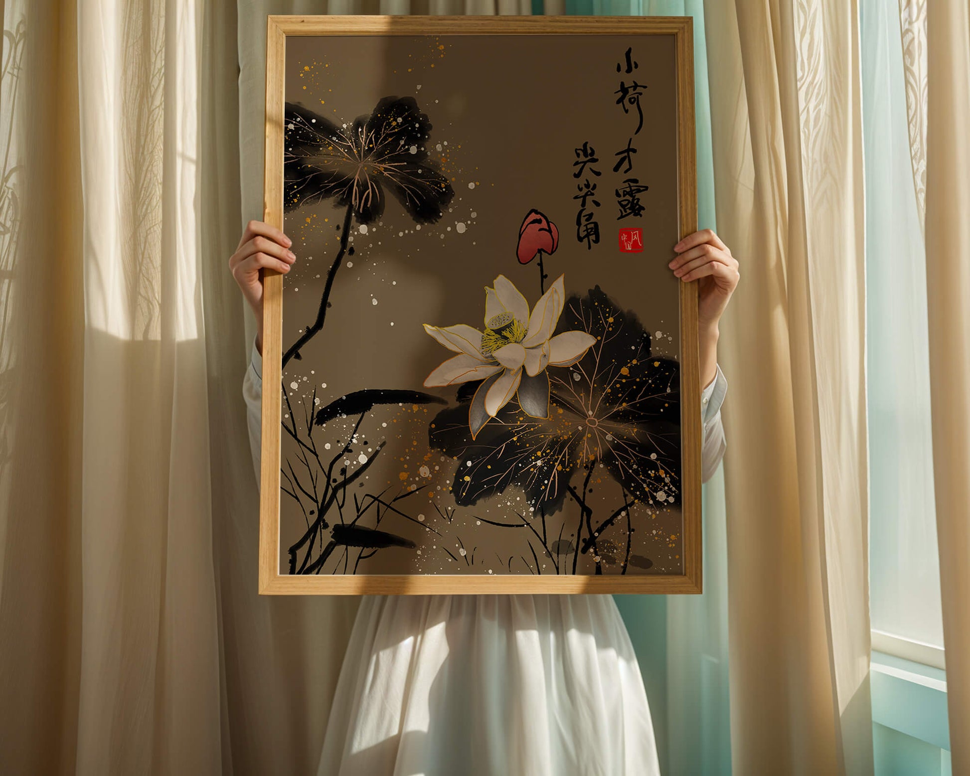 Elegant oriental floral art with gold accents and calligraphy
