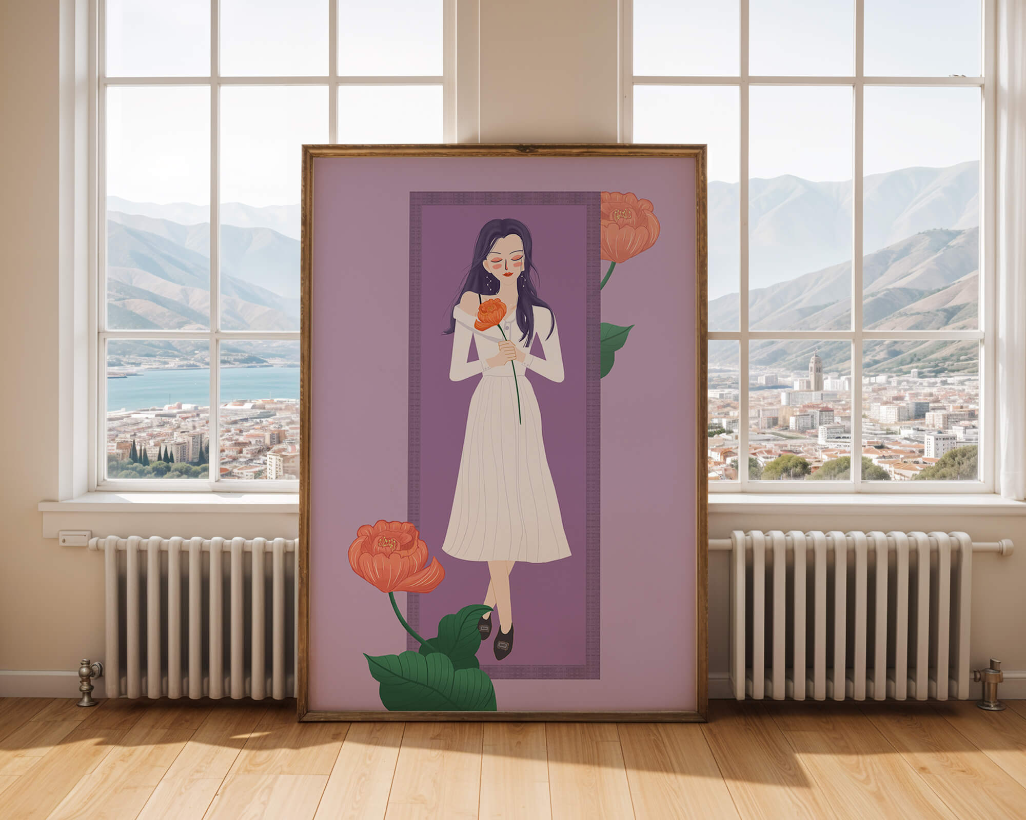 Illustration of a woman holding a flower in a serene pose