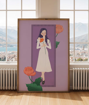 Illustration of a woman holding a flower in a serene pose