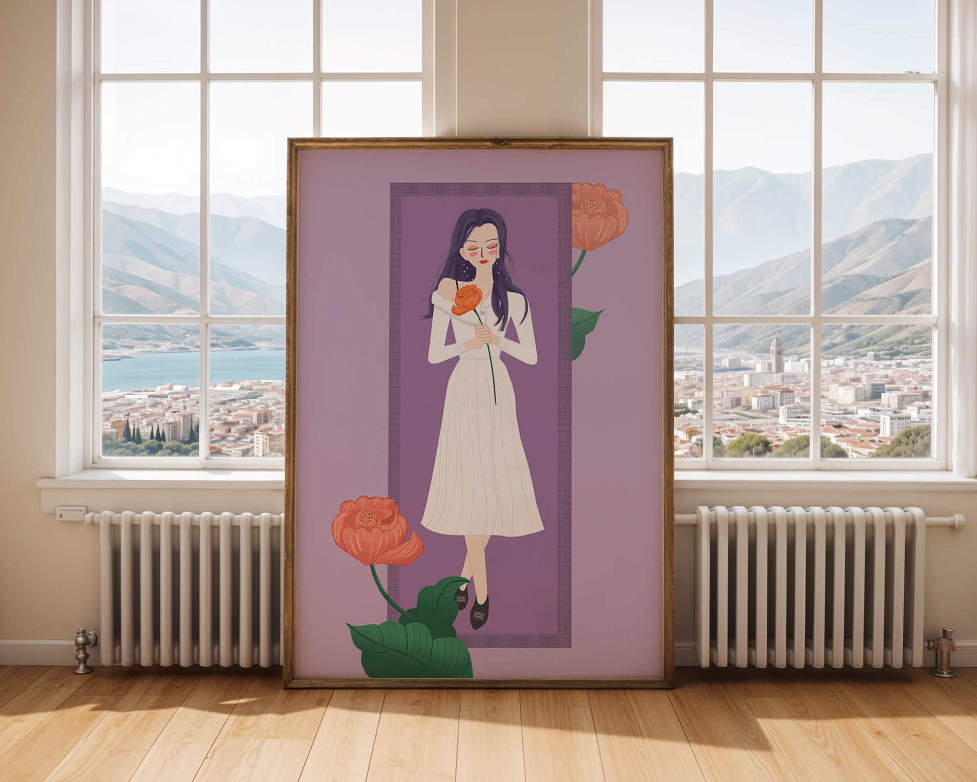 Illustration of a woman holding a flower in a serene pose