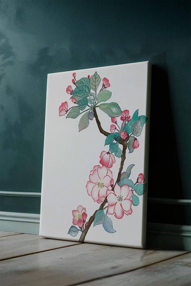 Rama delicada de cerezo en flor a la acuarela con hojas y flores vibrantes