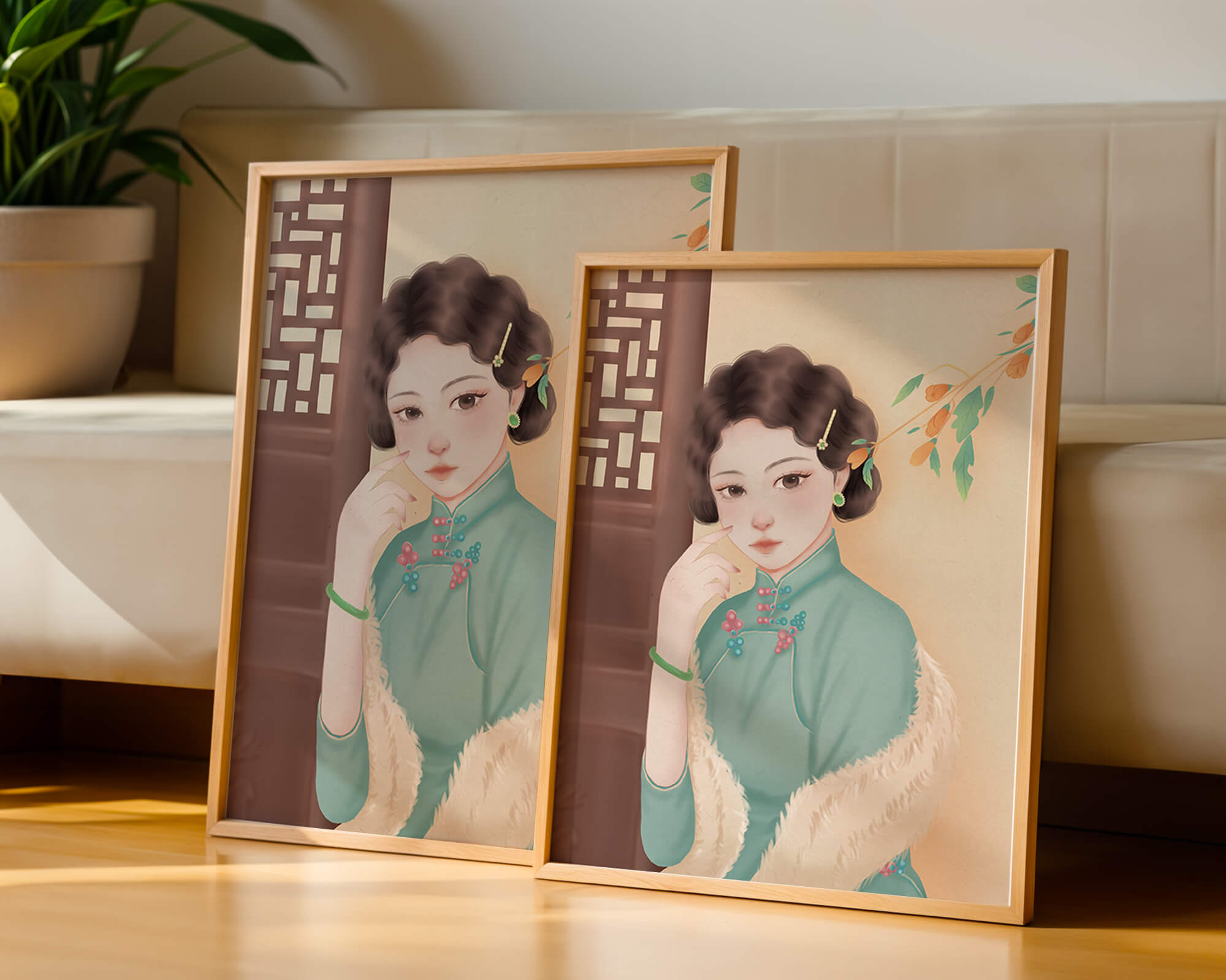 Elegant portrait of a woman in traditional attire with jade accessories