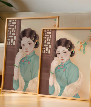 Elegante retrato de una mujer con atuendo tradicional y accesorios de jade
