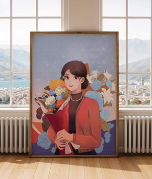 Mujer sosteniendo ramo con fondo floral