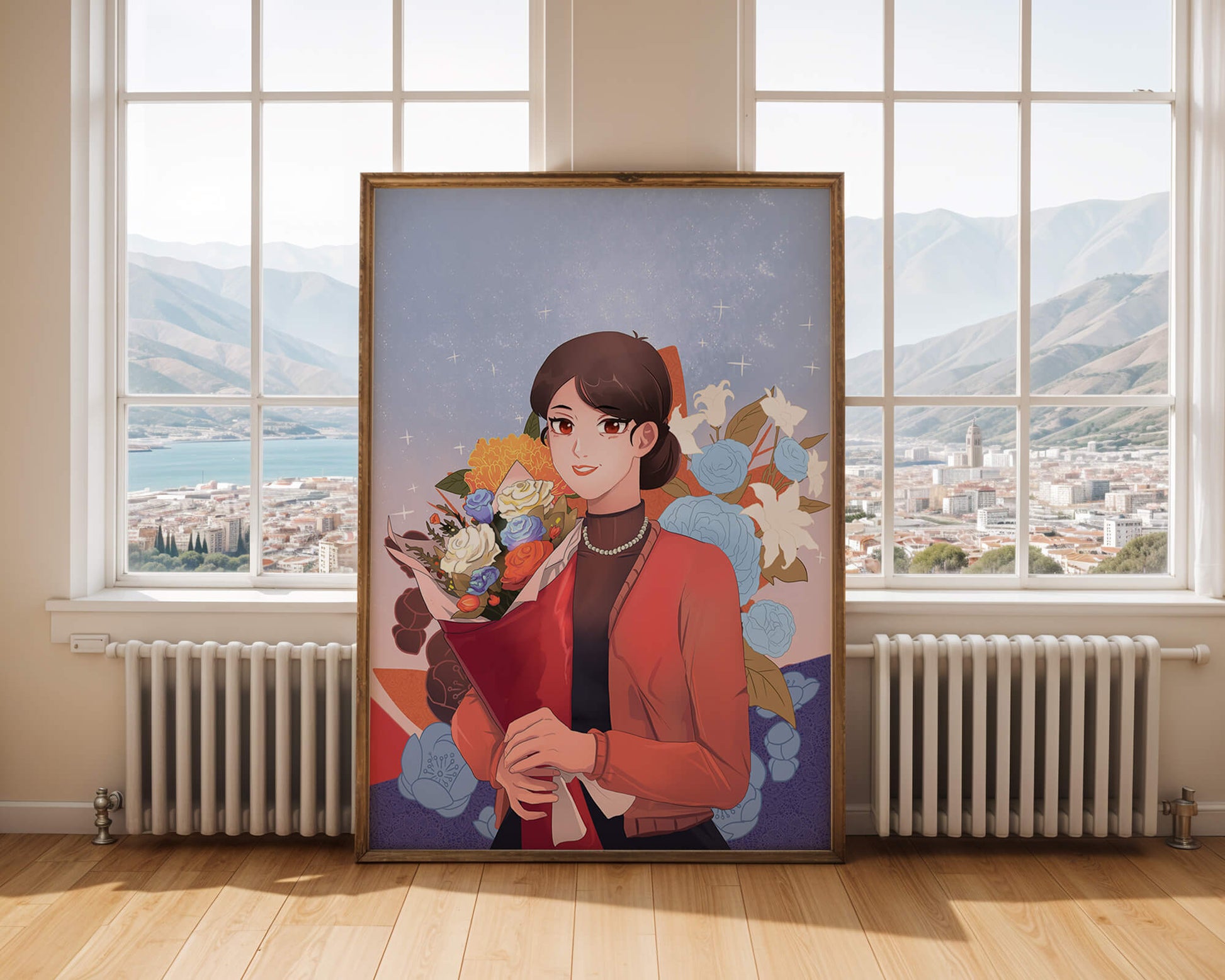 Woman holding bouquet with floral background