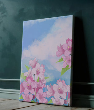 Ilustración de flores rosadas contra un cielo azul vibrante con nubes