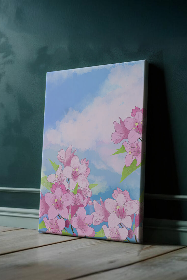 Ilustración de flores rosadas contra un cielo azul vibrante con nubes