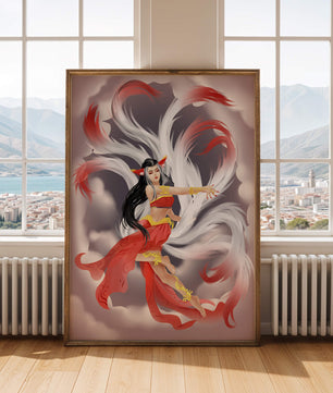 Graceful fantasy fox spirit with flowing tails and red attire in mystical clouds
