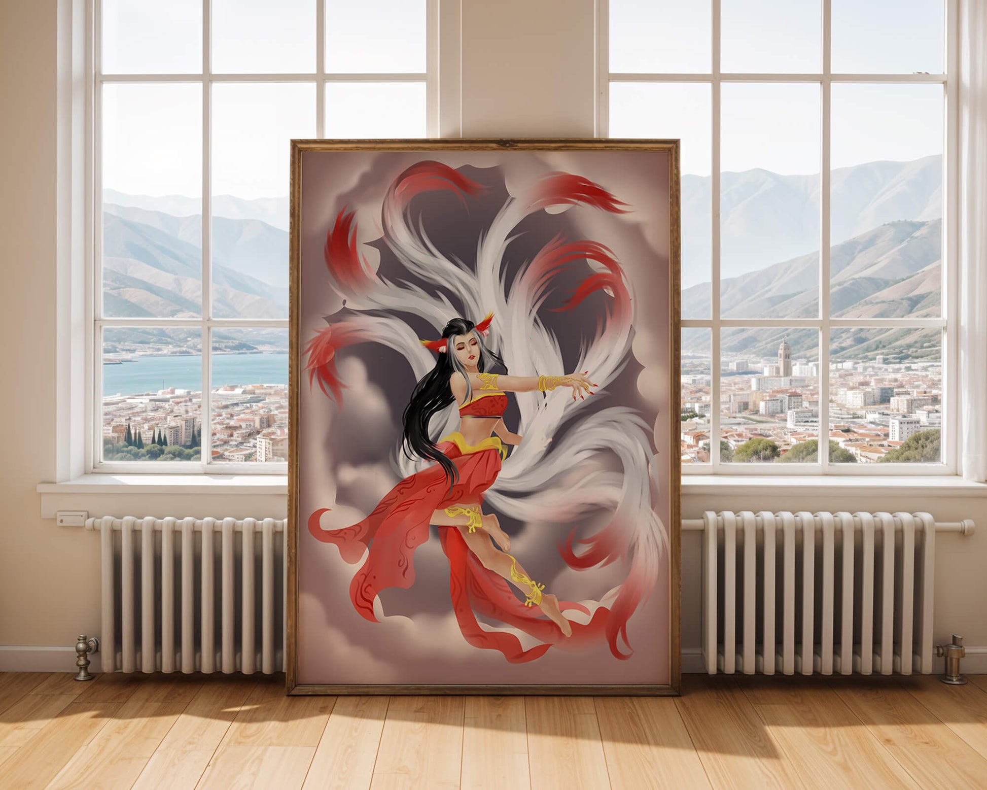 Graceful fantasy fox spirit with flowing tails and red attire in mystical clouds
