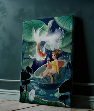 Illustration imaginative d'une fille avec un poisson et un lapin sous des nénuphars illuminés par la lune