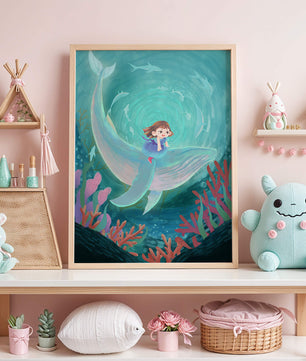 Underwater scene with child and whale surrounded by marine life