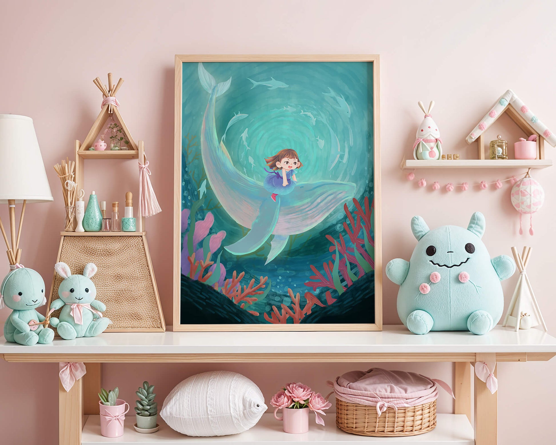 Underwater scene with child and whale surrounded by marine life