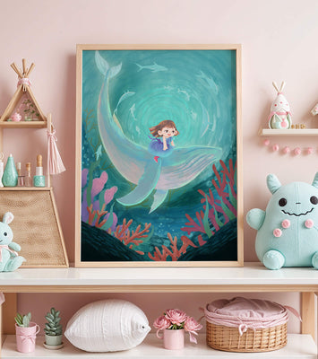 Underwater scene with child and whale surrounded by marine life