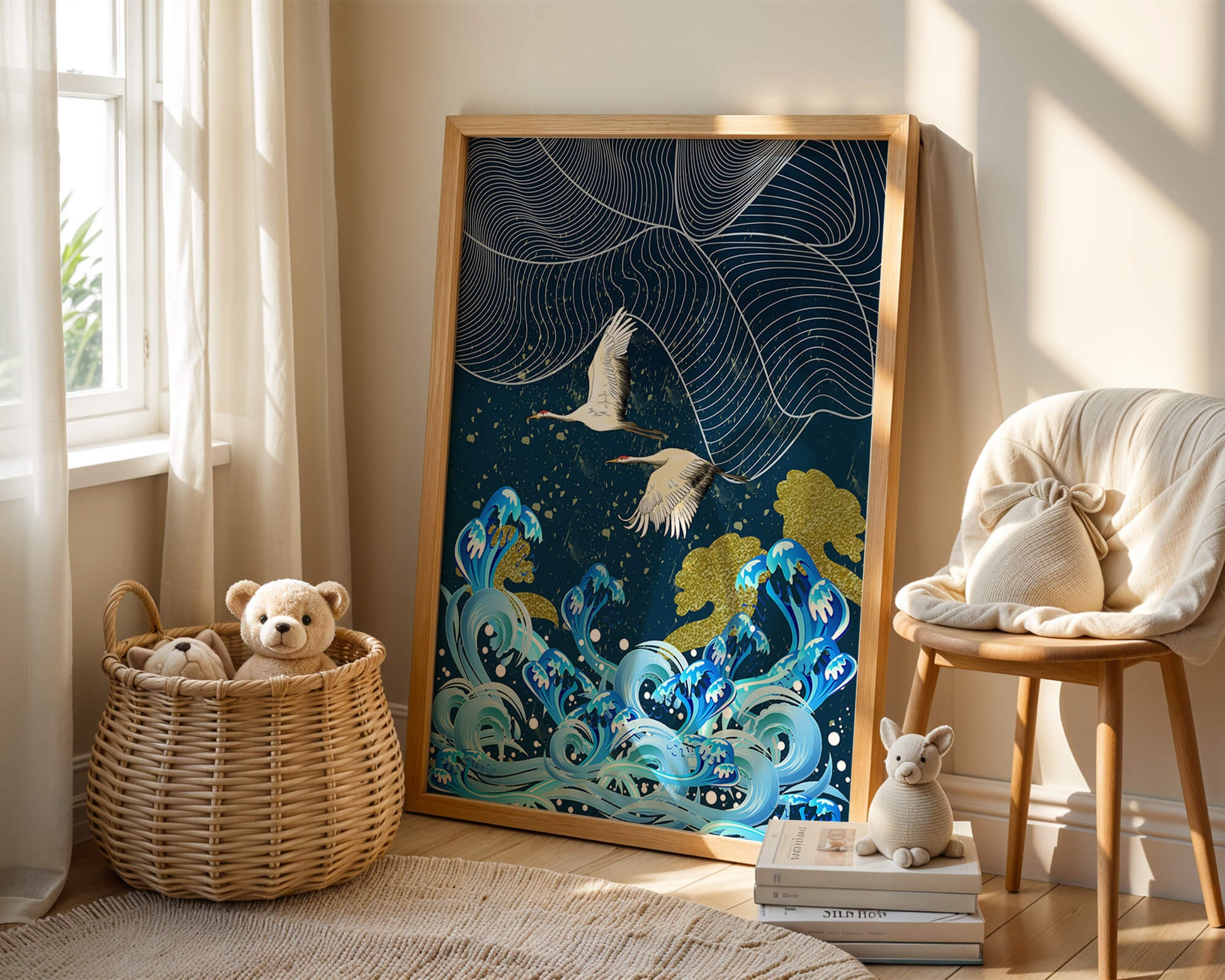 Elegant Cranes Flying Over Golden Waves and Artistic Ocean