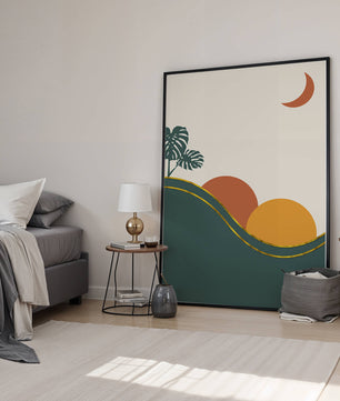 Minimalist Landscape With Mountains And Monstera Leaves At Sunset - Mi tienda