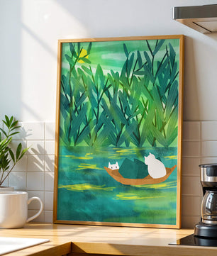 Paisaje sereno con gatos en un bote en medio de una vegetación exuberante