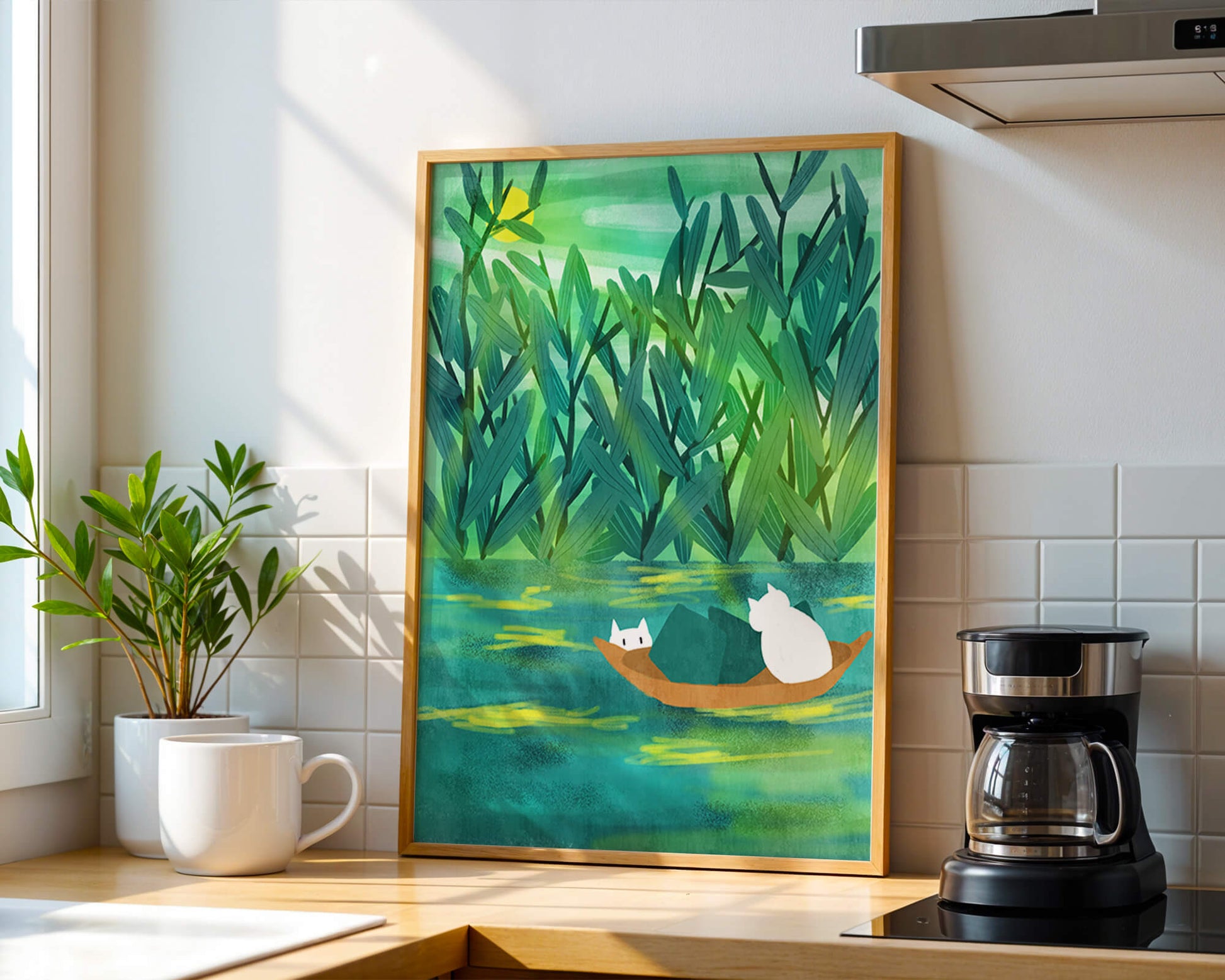 Serene landscape with cats on a boat in lush greenery