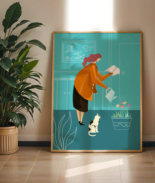 Mujer regando flores con un gato en un interior moderno