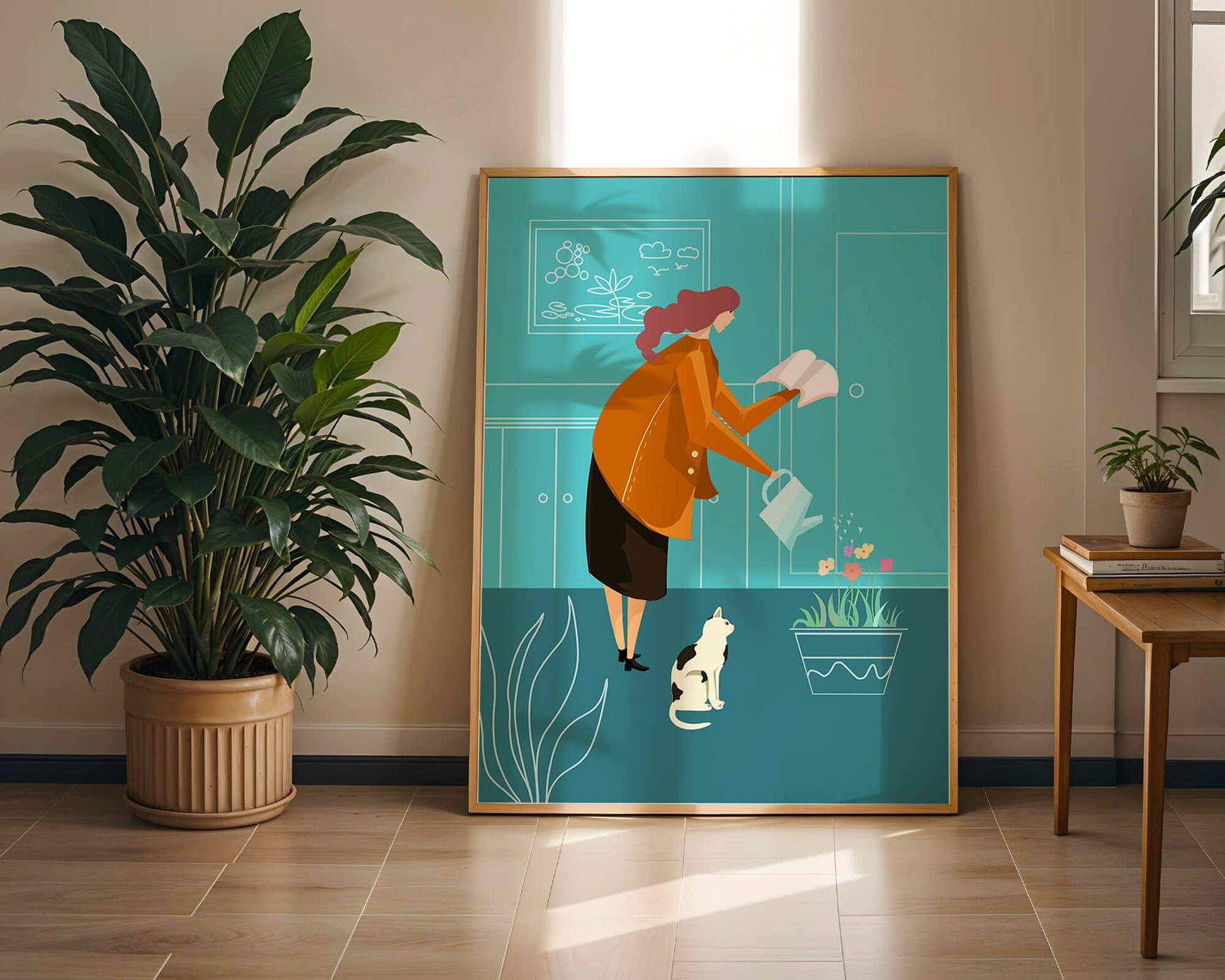 Mujer regando flores con un gato en un interior moderno