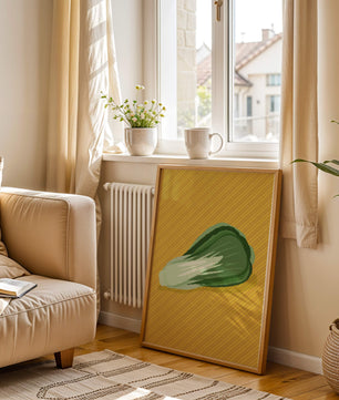 Illustrated bok choy on vibrant yellow background with stripes