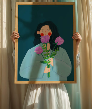 Illustration of a woman with purple flowers on a teal background