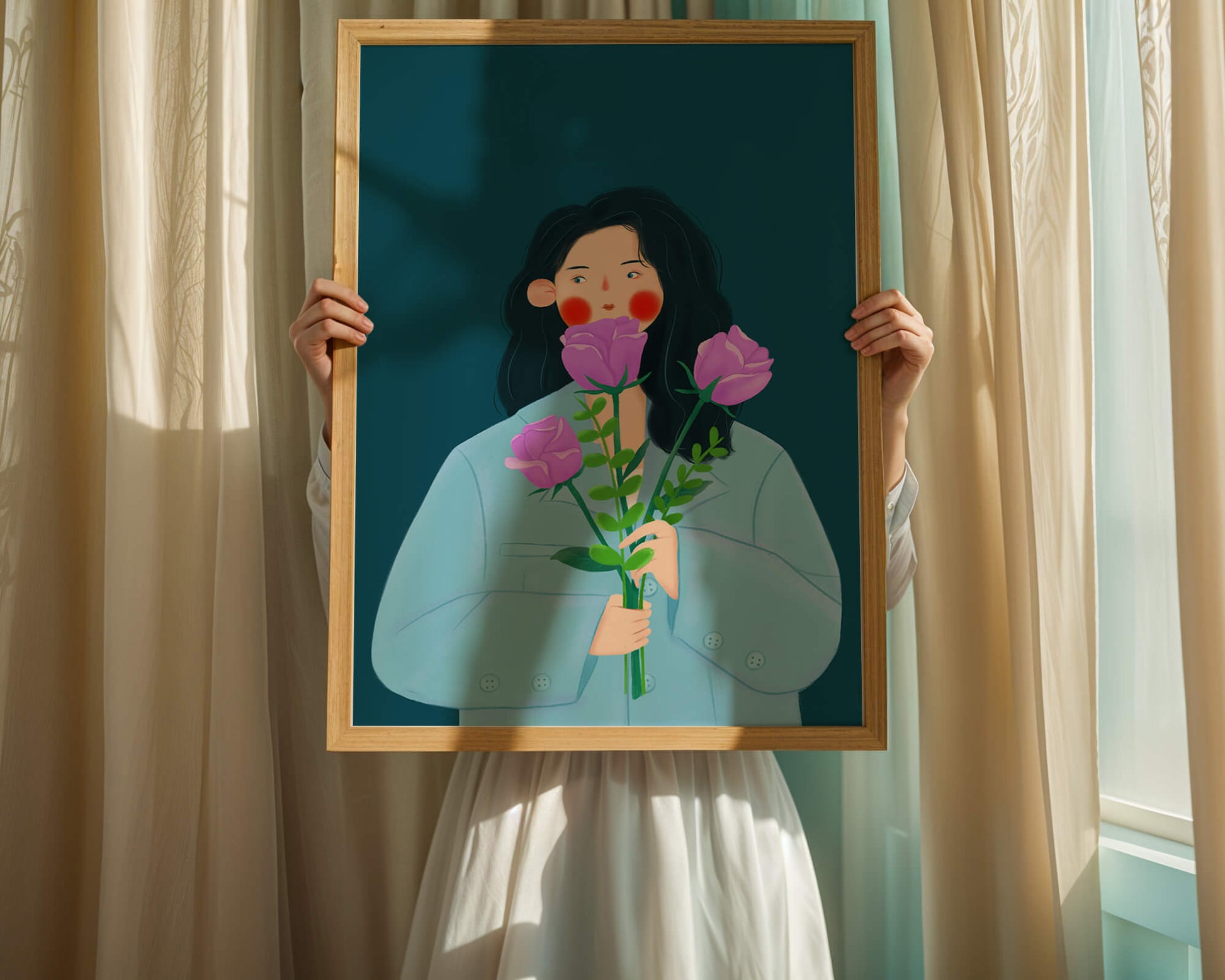 Illustration of a woman with purple flowers on a teal background