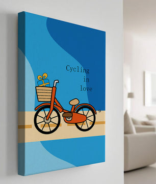 Bicicleta colorida con un regalo en la cesta sobre fondo azul