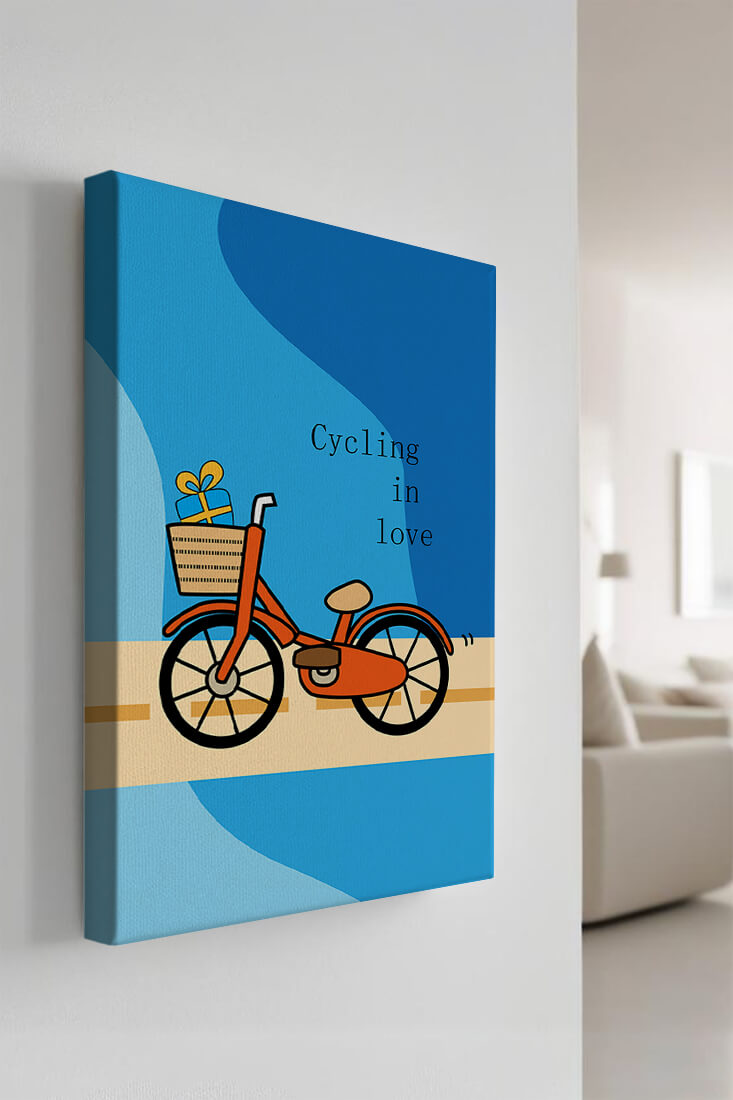 Colorful bicycle with a gift in basket against blue background