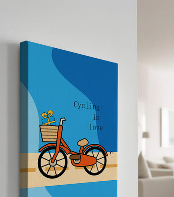 Colorful bicycle with a gift in basket against blue background