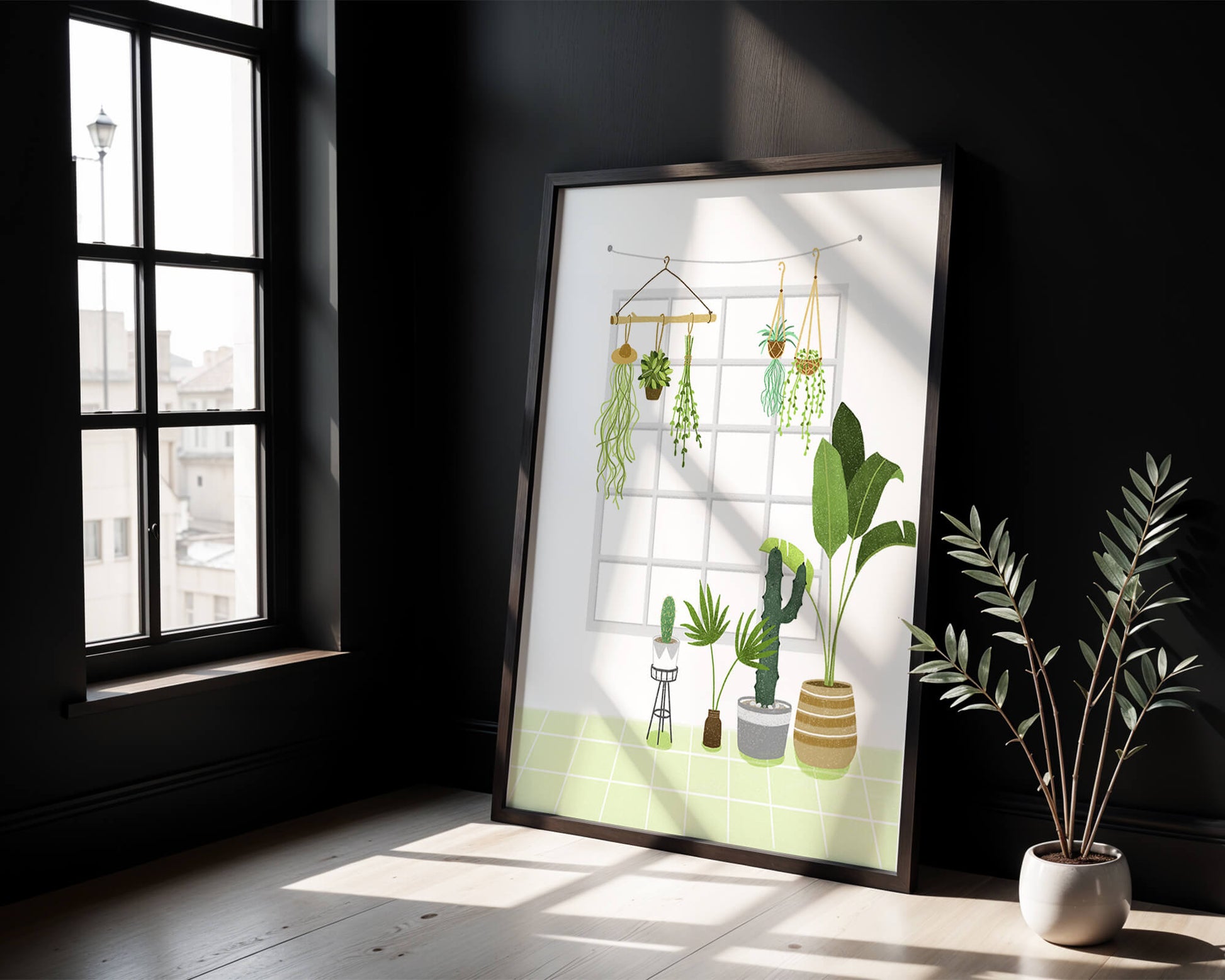 Decoración de interior con plantas colgantes y en macetas
