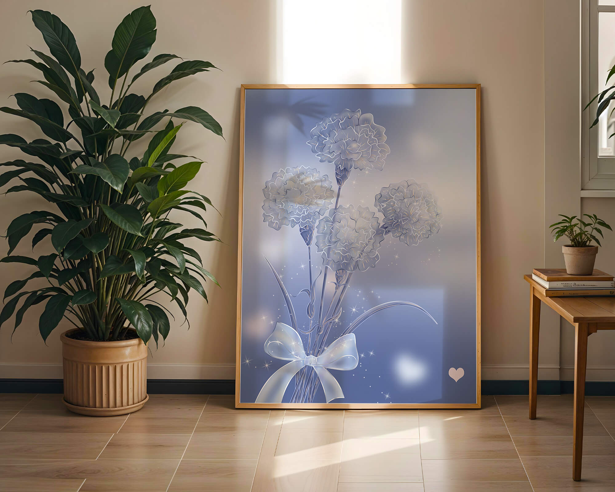 Carnations With Sparkles And Ribbon On Blue Background - Mi tienda