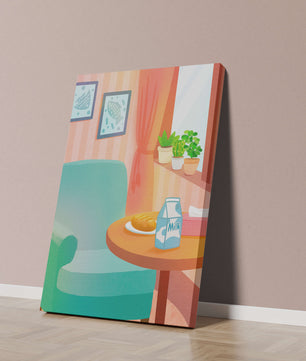 Sala de estar acogedora con mesa y cartón de leche